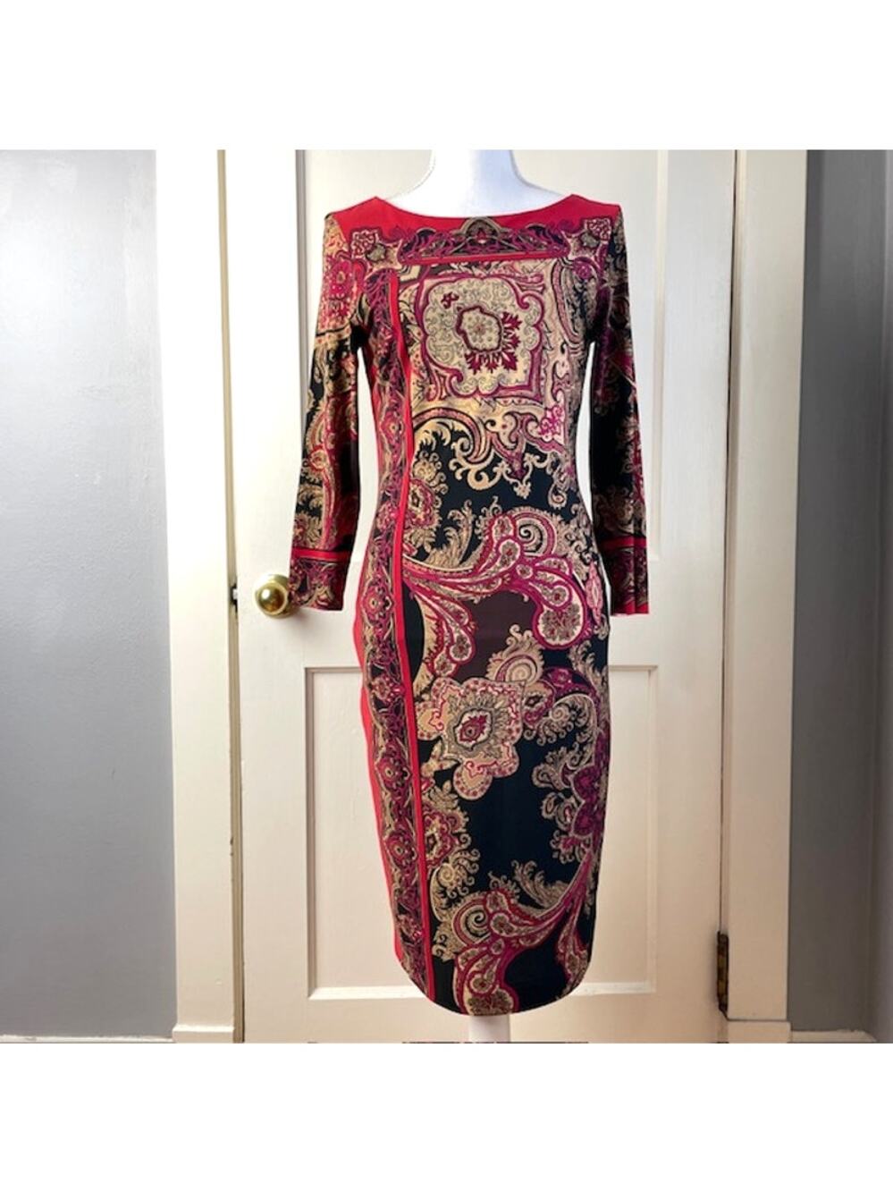 Vintage 90s Cache Paisley Bodycon Dress Y2K Baroque Print Size 8 Mob Wife Glam